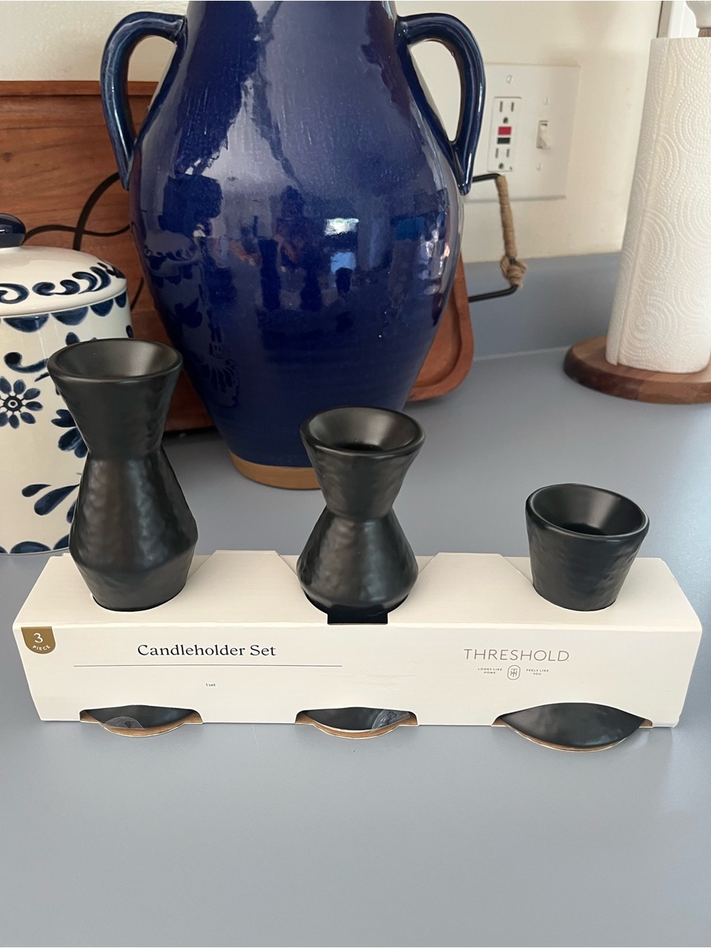 NIB Threshold Matte Black Ceramic 3-Piece Candleholder Set
